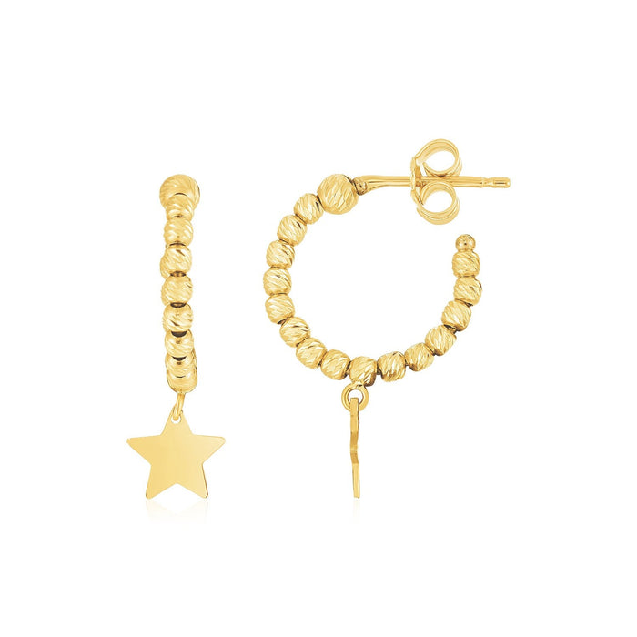 14K Yellow Gold Drop Star Charm Beaded Hoop Earrings by Avera Group