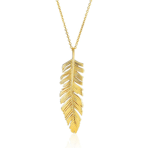 14k Yellow Gold with Textured Feather Pendant by Avera Group