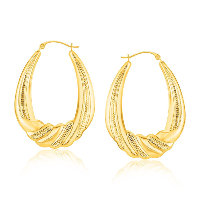 14k Yellow Gold Graduated Textured Oval Hoop Earrings by Avera Group