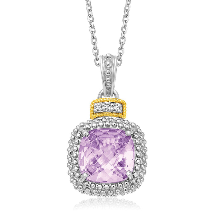 18k Yellow Gold & Sterling Silver Cushion Amethyst and Diamond Pendant by Avera Group
