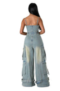 Dirty Wash Denim Jean Cargo Jumpsuit by The House of Stylez