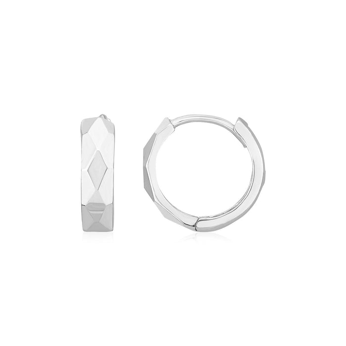 14K White Gold Diamond Motif Faceted Huggie Earrings(12.9mm) by Avera Group