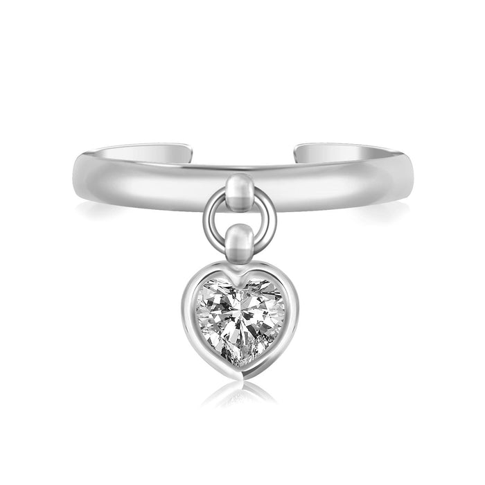 Sterling Silver Rhodium Finished Heart Cubic Zirconia Charm Toe Ring by Avera Group