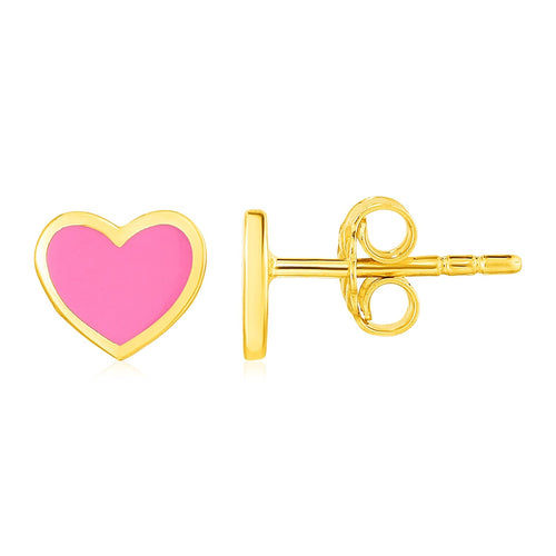 14k Yellow Gold and Enamel Pink Heart Stud Earrings by Avera Group