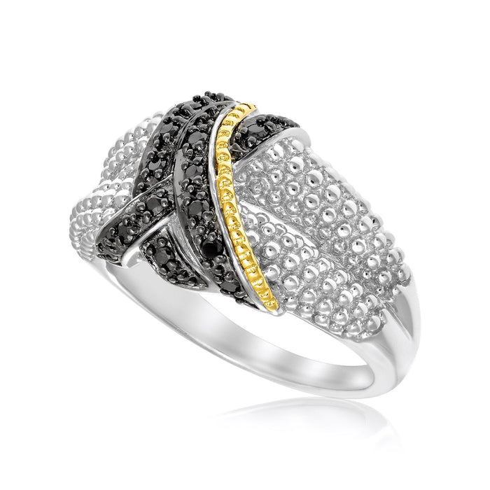 18k Yellow Gold & Sterling Silver Entwined Popcorn Ring with Black Diamonds by Avera Group