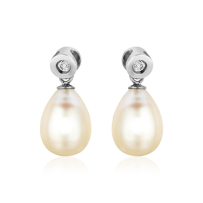 Sterling Silver Earrings with Pear Shaped Freshwater Pearls and Cubic Zirconias by Avera Group