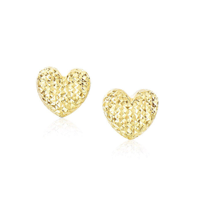 14 k Yellow Gold Puffed Heart Earrings with Diamond Cuts by Avera Group