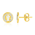 14k Two Tone Gold Round Religious Medallion Post Earrings by Avera Group