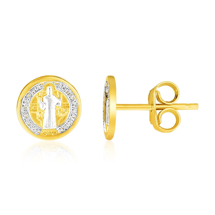 14k Two Tone Gold Round Religious Medallion Post Earrings by Avera Group