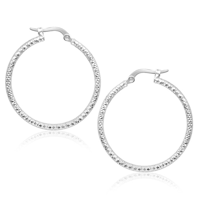 14k White Gold Tube Textured Round Hoop Earrings by Avera Group
