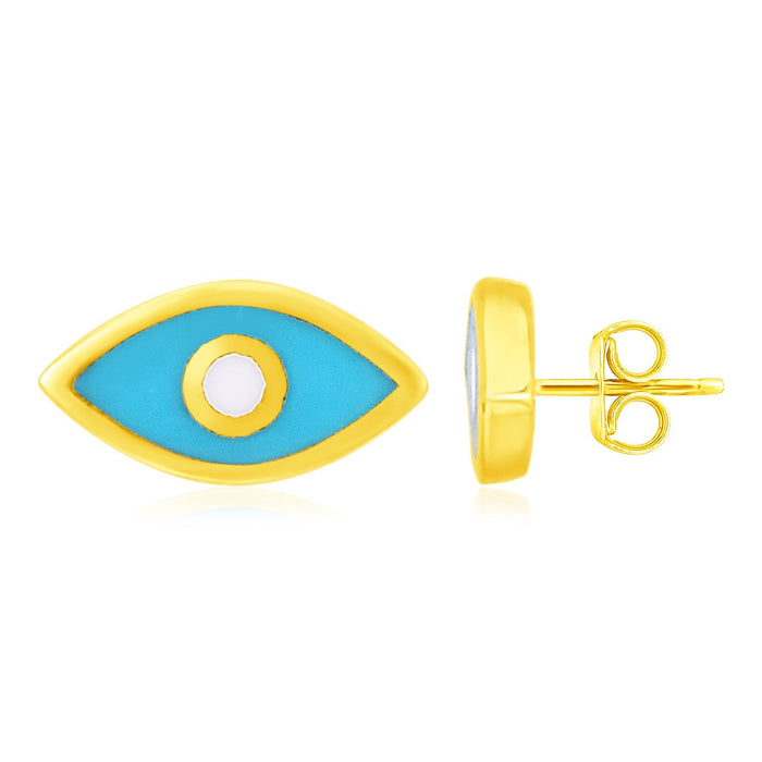 14K Yellow Gold Blue Evil Eye Earrings with Enamel by Avera Group