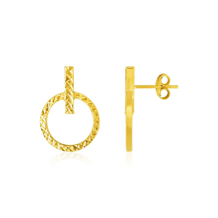 14k Yellow Gold Textured Circle and Bar Post Earrings by Avera Group