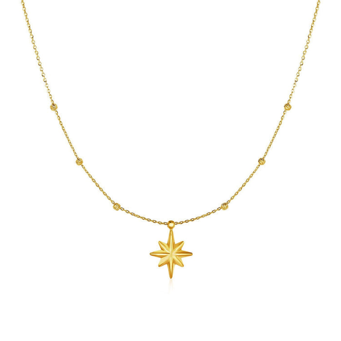 14k Yellow Gold Necklace with Eight Pointed Star and Beads by Avera Group