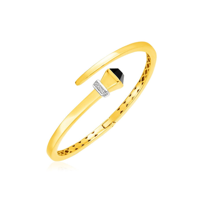 14k Yellow Gold Crossover Style Hinged Bangle Bracelet with Onyx and Diamonds by Avera Group