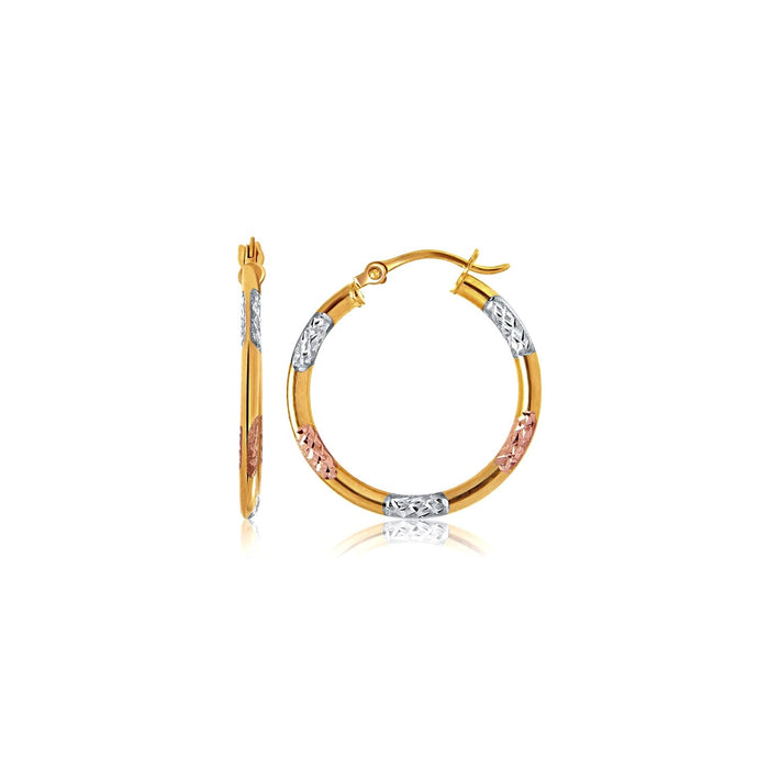 10k Tri-Color Gold Classic Hoop Earrings with Diamond Cut Details by Avera Group