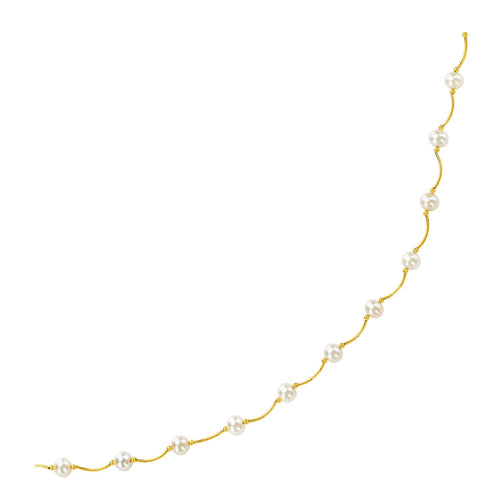 14k Yellow Gold Arc Link Necklace with White Pearls by Avera Group
