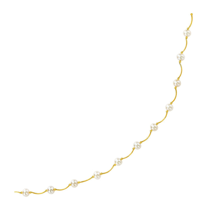 14k Yellow Gold Arc Link Necklace with White Pearls by Avera Group