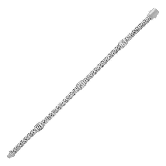 Polished Woven Rope Bracelet with Diamond Accents in 14k White Gold by Avera Group