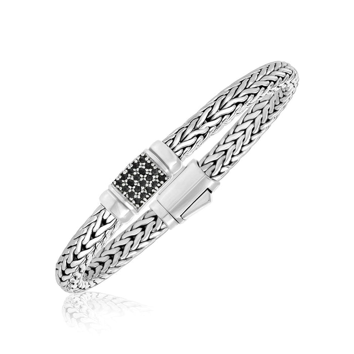 Sterling Silver Weave Style Bracelet with Black Sapphire Accents (7.10 mm) by Avera Group