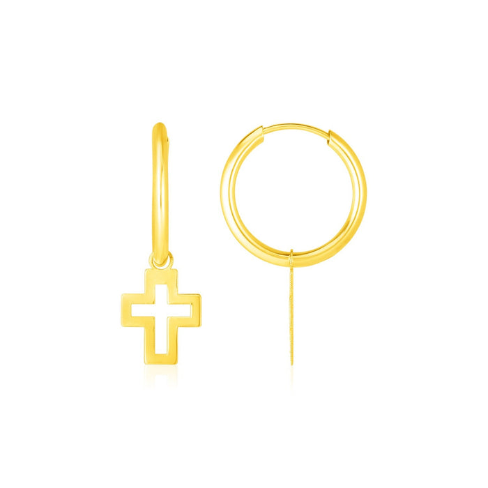 14K Yellow Gold Hoop Polished Earrings with Crosses by Avera Group