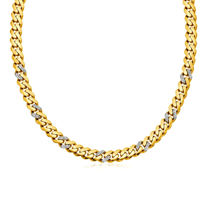 14k Yellow Gold 18 inch Polished Curb Chain Necklace with Diamonds by Avera Group