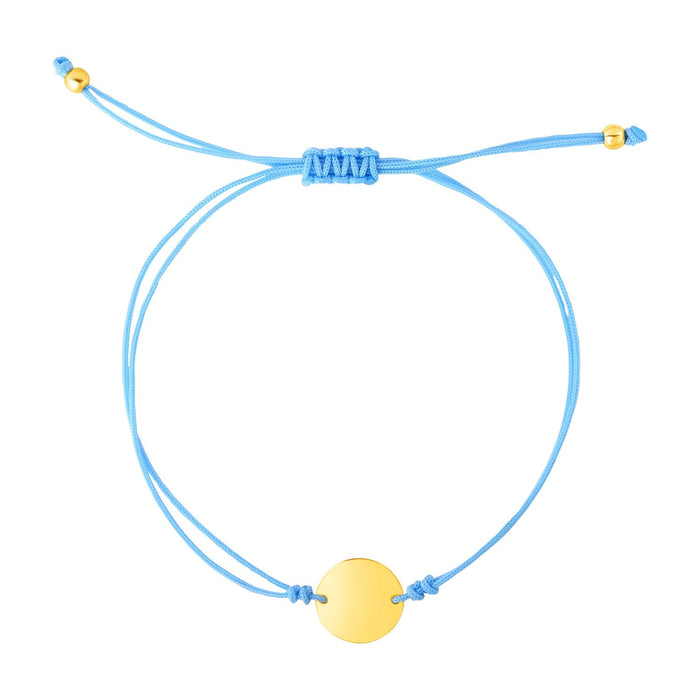 9 1/4 inch Blue Cord Adjustable Bracelet with 14k Yellow Gold Circle by Avera Group