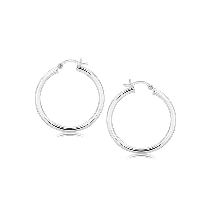 Sterling Silver Hoop Style Earrings with Polished Rhodium Plating (3x30mm) by Avera Group