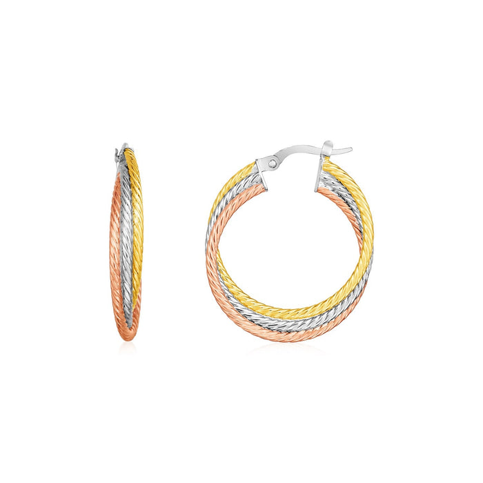 14k Tri Color Gold Three Part Round Hoop Earrings by Avera Group