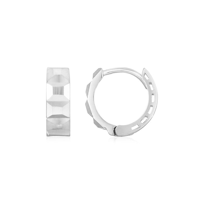 14K White Gold Square Motif Faceted Huggie Earrings by Avera Group
