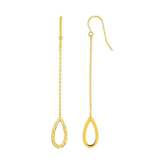 Textured Pear Shaped Long Drop Earrings in 14k Yellow Gold by Avera Group