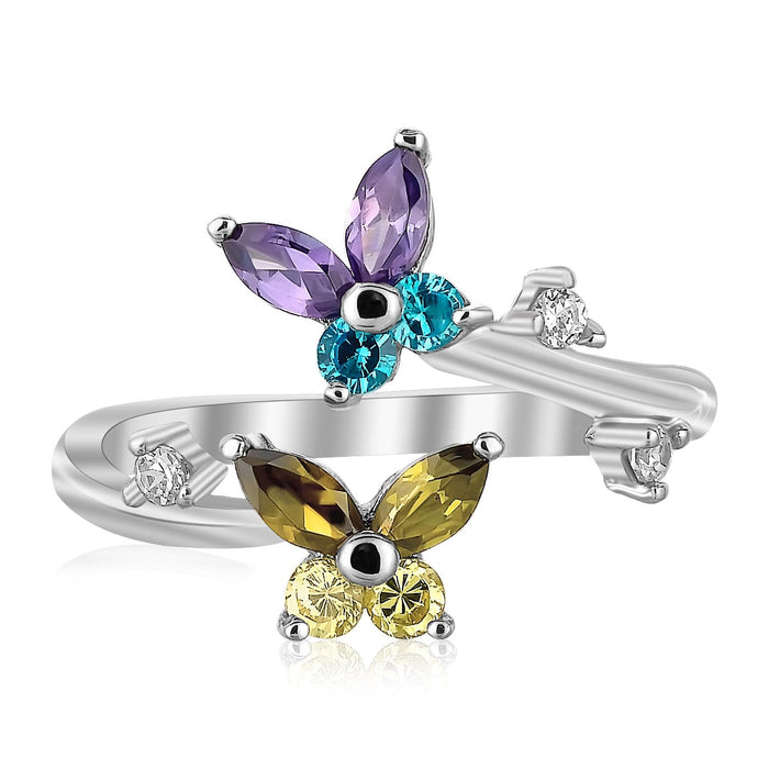 Sterling Silver Rhodium Plated Floral Toe Ring with Multi-Tone Cubic Zirconia by Avera Group
