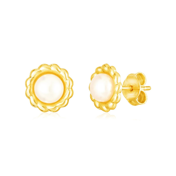 14k Yellow Gold Flower Stud Earrings with Pearls by Avera Group