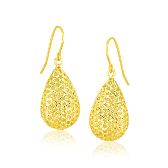 14k Yellow Gold Honeycomb Texture Large Teardrop Drop Earrings by Avera Group