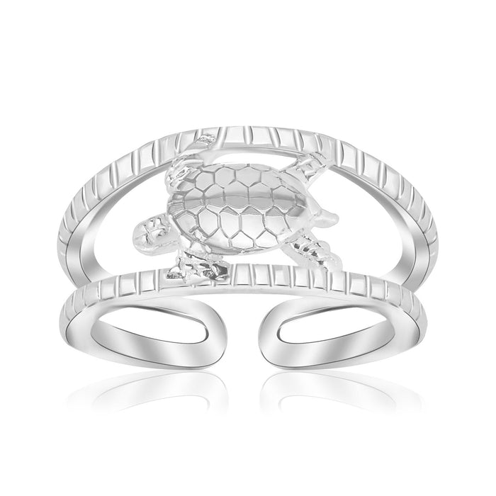 Sterling Silver Rhodium Plated Open Toe Ring with a Turtle Accent by Avera Group