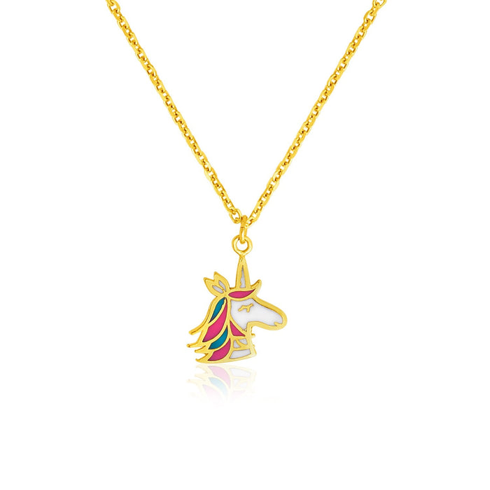 14k Yellow Gold Childrens Necklace with Enameled Unicorn Pendant by Avera Group