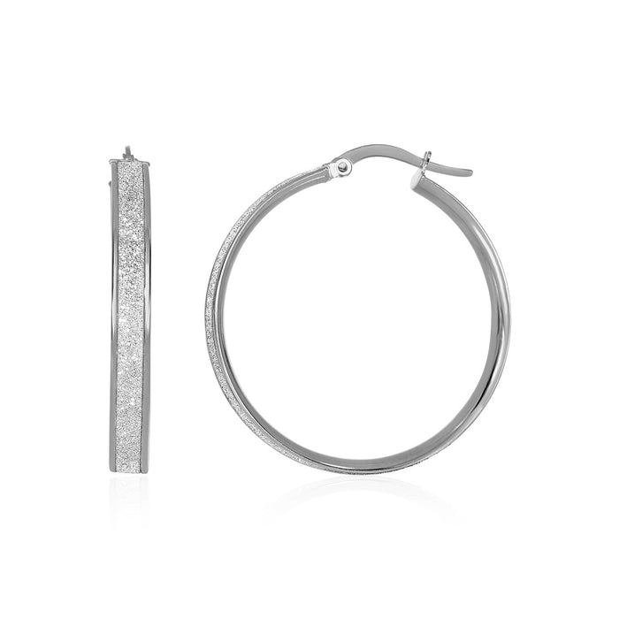 14k White Tone Gold Hoop Style Earrings with Center Glitter Look Design(4x30mm) by Avera Group