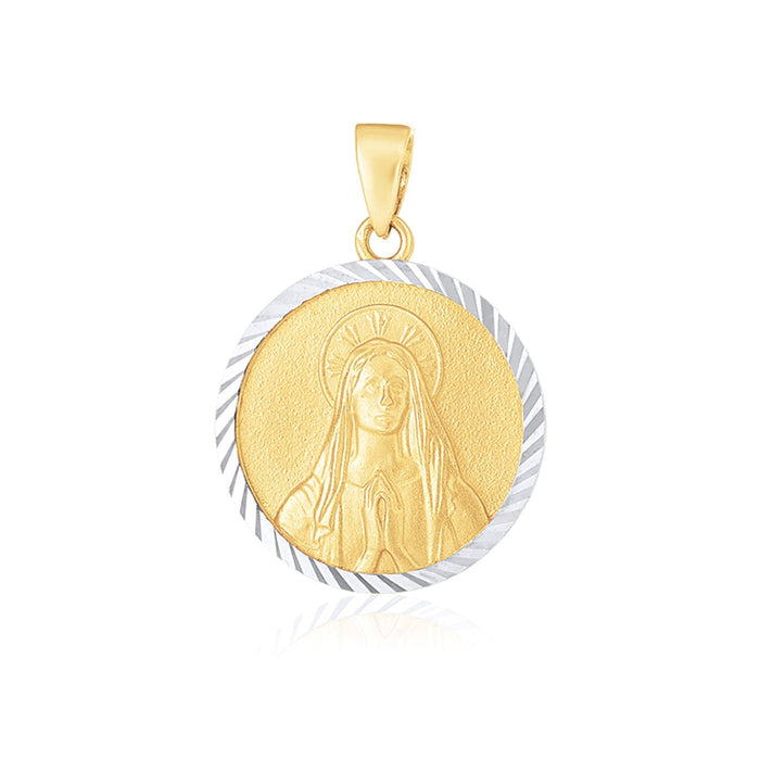 14k Two Tone Gold Round Textured Religious Medal Pendant by Avera Group