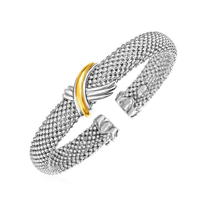 Popcorn Texture Cuff Bangle with X Motif in Sterling Silver and 18k Yellow Gold (10.00 mm) by Avera Group