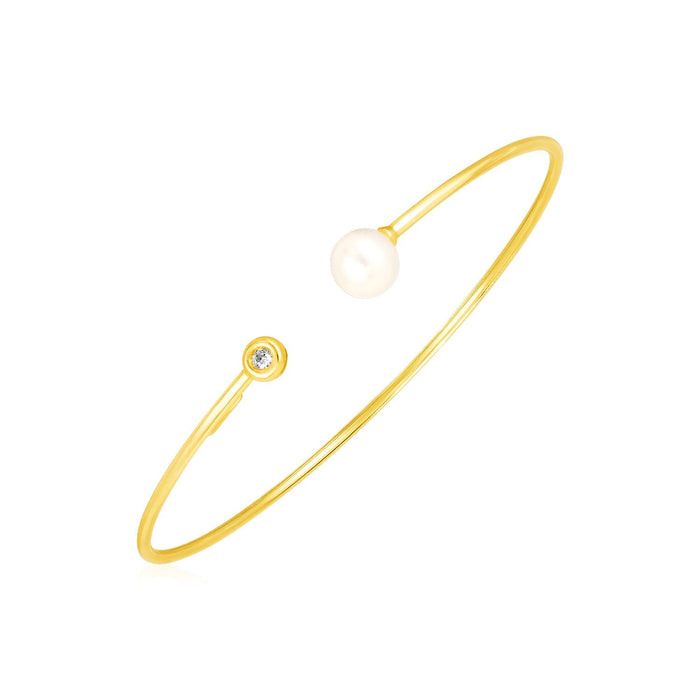 14k Yellow Gold Cuff Bangle with Pearl and Diamond by Avera Group
