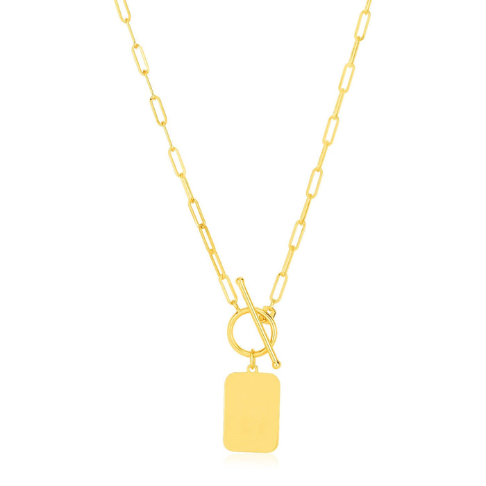 14k Yellow Gold Paperclip Chain Necklace with Rounded Rectangle Pendant by Avera Group