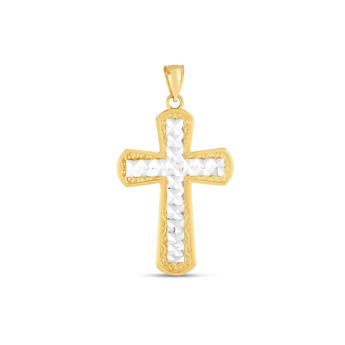 14k Two Tone Gold High Polish Diamond Cut Cross Pendant by Avera Group