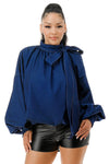 Mock Neck with Tie Puff Long Sleeve Bubble Hem Denim Blouse Top {fits oversized}