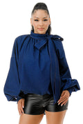 Mock Neck with Tie Puff Long Sleeve Bubble Hem Denim Blouse Top {fits oversized} by The House of Stylez