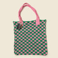 Pink and Green Checkered Tote Bag - Washable Cotton Knit with Key Ring by CASUPO