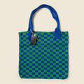 Blue and Green Checkered Tote Bag - Washable Cotton Knit with Key Ring by CASUPO