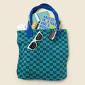 Blue and Green Checkered Tote Bag - Washable Cotton Knit with Key Ring by CASUPO