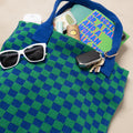 Blue and Green Checkered Tote Bag - Washable Cotton Knit with Key Ring by CASUPO