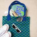 Blue and Green Checkered Tote Bag - Washable Cotton Knit with Key Ring by CASUPO