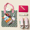 Pink and Green Checkered Tote Bag - Washable Cotton Knit with Key Ring by CASUPO