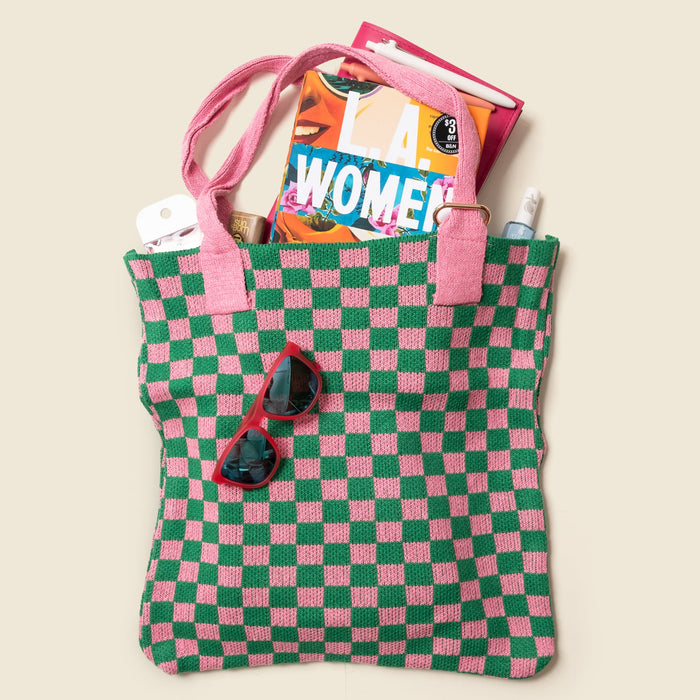 Pink and Green Checkered Tote Bag - Washable Cotton Knit with Key Ring by CASUPO